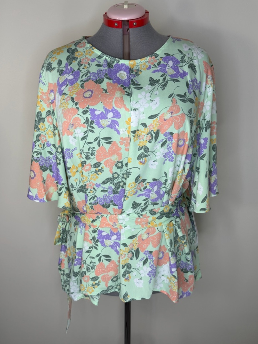 NWT Liz Claiborne Blouse Womens 3X Green Floral Belted Tunic 3/4 Sleeve Top